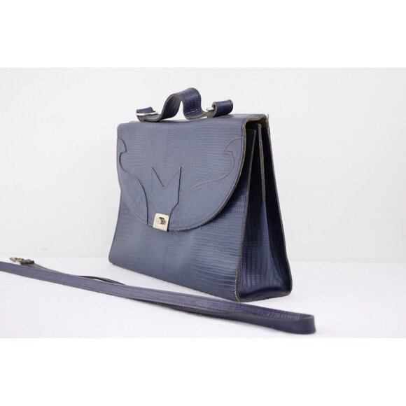 Vintage blue leather crossbody purse, snake imprint handbag two way handbag - Picture 3 of 10